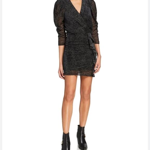 Ba&Sh Celia Black Ruffle Velvet Dot Cocktail Party Dress, Edgy, Dark, Goth, XS - Picture 2 of 15